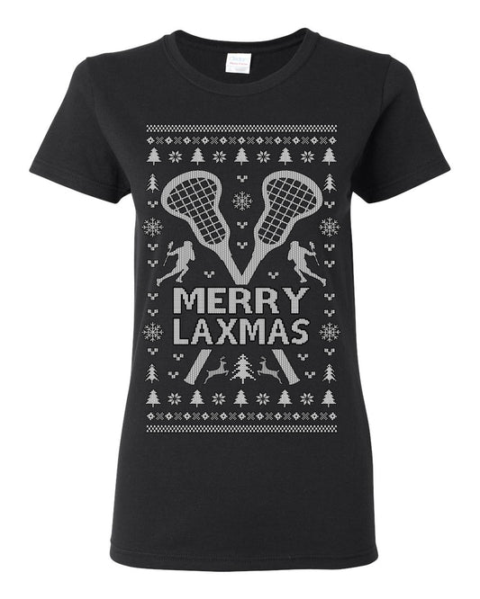 Merry Laxmas Funny Lacrosse Sports LAX, Teen Sport Player Boys Girls Adult Pun Ugly Christmas Sweater Ugly Christmas Womens Graphic T-Shirt