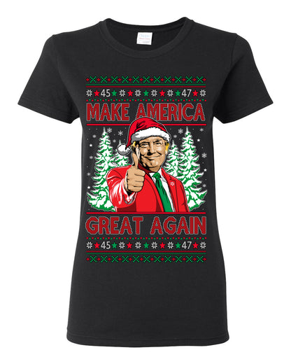 Make America Great Again Santa Claus Donald Trump Vance 2024 Election Funny Conservative Republican Men Women Snow Trees Ugly Christmas Sweater Ugly Christmas Womens Graphic T-Shirt