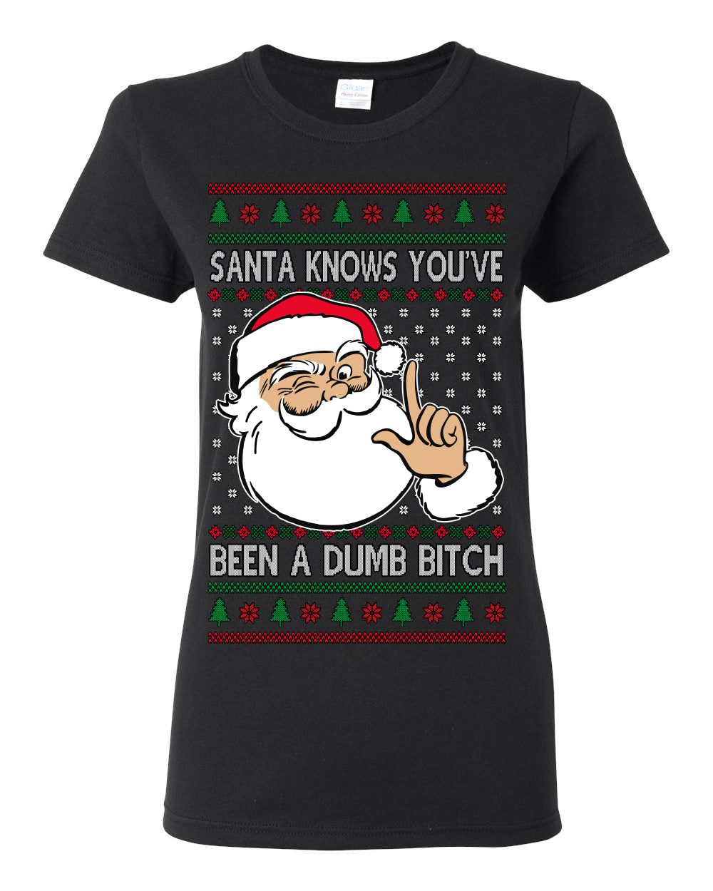 Santa Knows You've Been a Dumb Bitch Funny Vulgar Dirty Ugly Christmas Sweater Ugly Christmas Womens Graphic T-Shirt