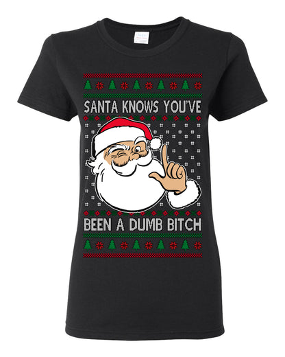 Santa Knows You've Been a Dumb Bitch Funny Vulgar Dirty Ugly Christmas Sweater Ugly Christmas Womens Graphic T-Shirt