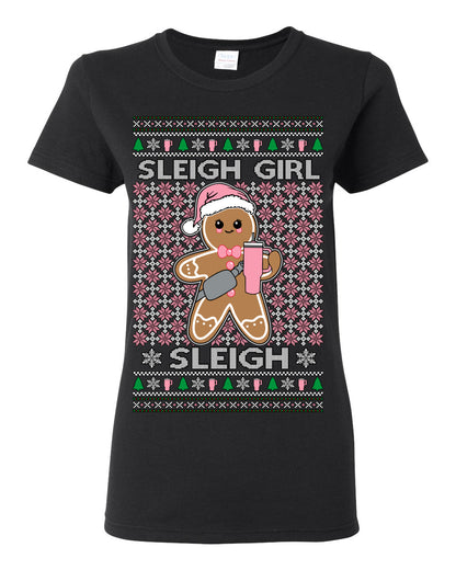 Sleigh Girl Sleigh Funny Trendy Pop Girly Sling Bag Coffee Cup Ugly Christmas Sweater Ugly Christmas Womens Graphic T-Shirt