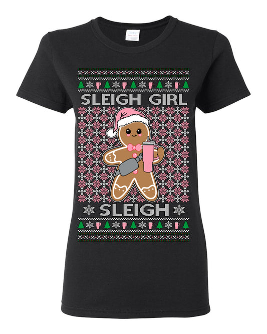 Sleigh Girl Sleigh Funny Trendy Pop Girly Sling Bag Coffee Cup Ugly Christmas Sweater Ugly Christmas Womens Graphic T-Shirt