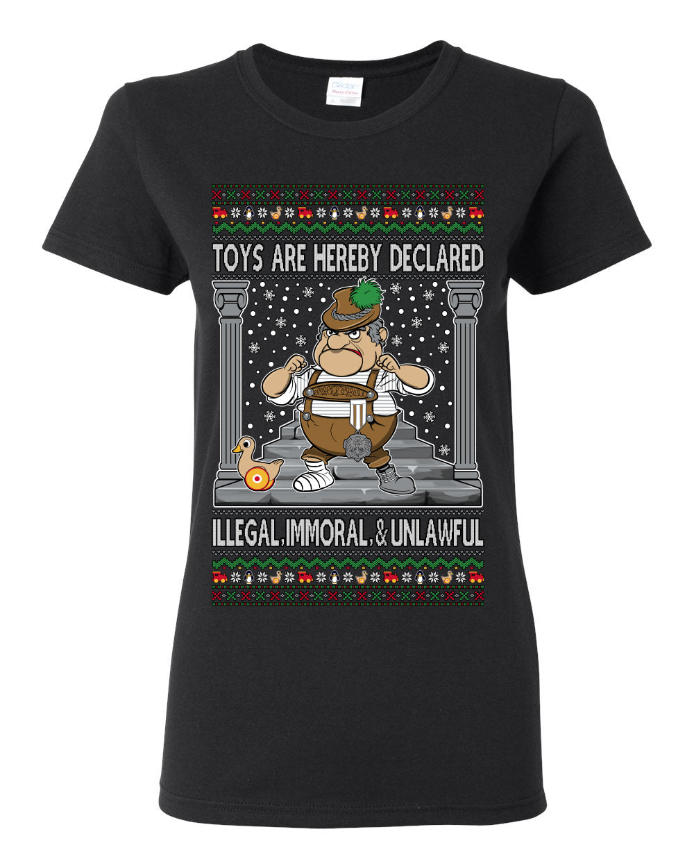 Toys Are Hereby Declared Illegal Immoral  Unlawful, Funny Classic 1970 Xmas Movie Quote Character Santa Claus Comin to Town, Ugly Christmas Sweater Ugly Christmas Womens Graphic T-Shirt