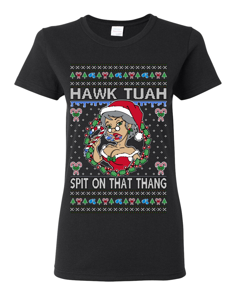 Hawk Tuah Spit On That Thang, Viral Hilarious Candy Cane Mrs Claus Funny Naughty Suck Meme, Ugly Christmas Sweater Ugly Christmas Womens Graphic T-Shirt
