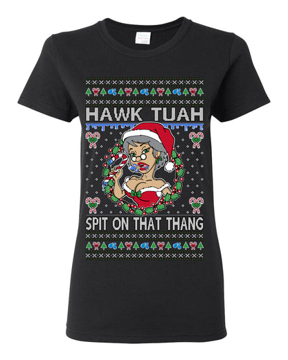 Hawk Tuah Spit On That Thang, Viral Hilarious Candy Cane Mrs Claus Funny Naughty Suck Meme, Ugly Christmas Sweater Ugly Christmas Womens Graphic T-Shirt