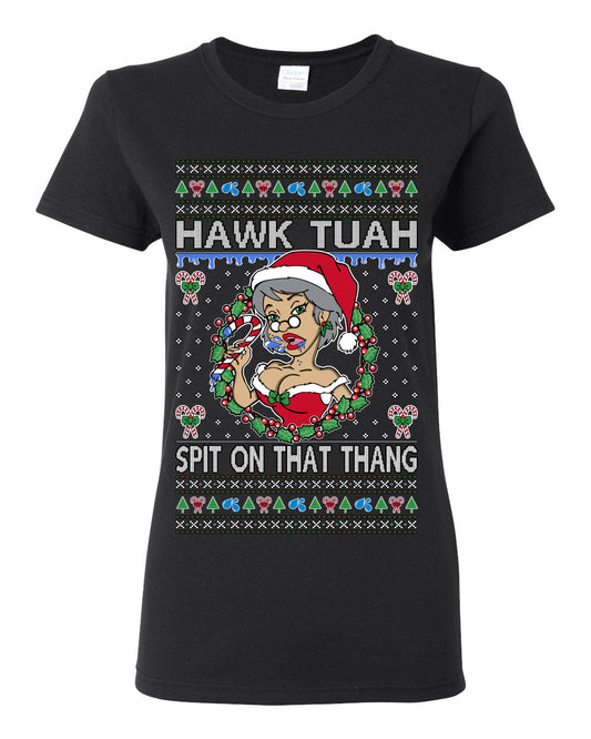 Hawk Tuah Spit On That Thang, Viral Hilarious Candy Cane Mrs Claus Funny Naughty Suck Meme, Ugly Christmas Sweater Ugly Christmas Womens Graphic T-Shirt