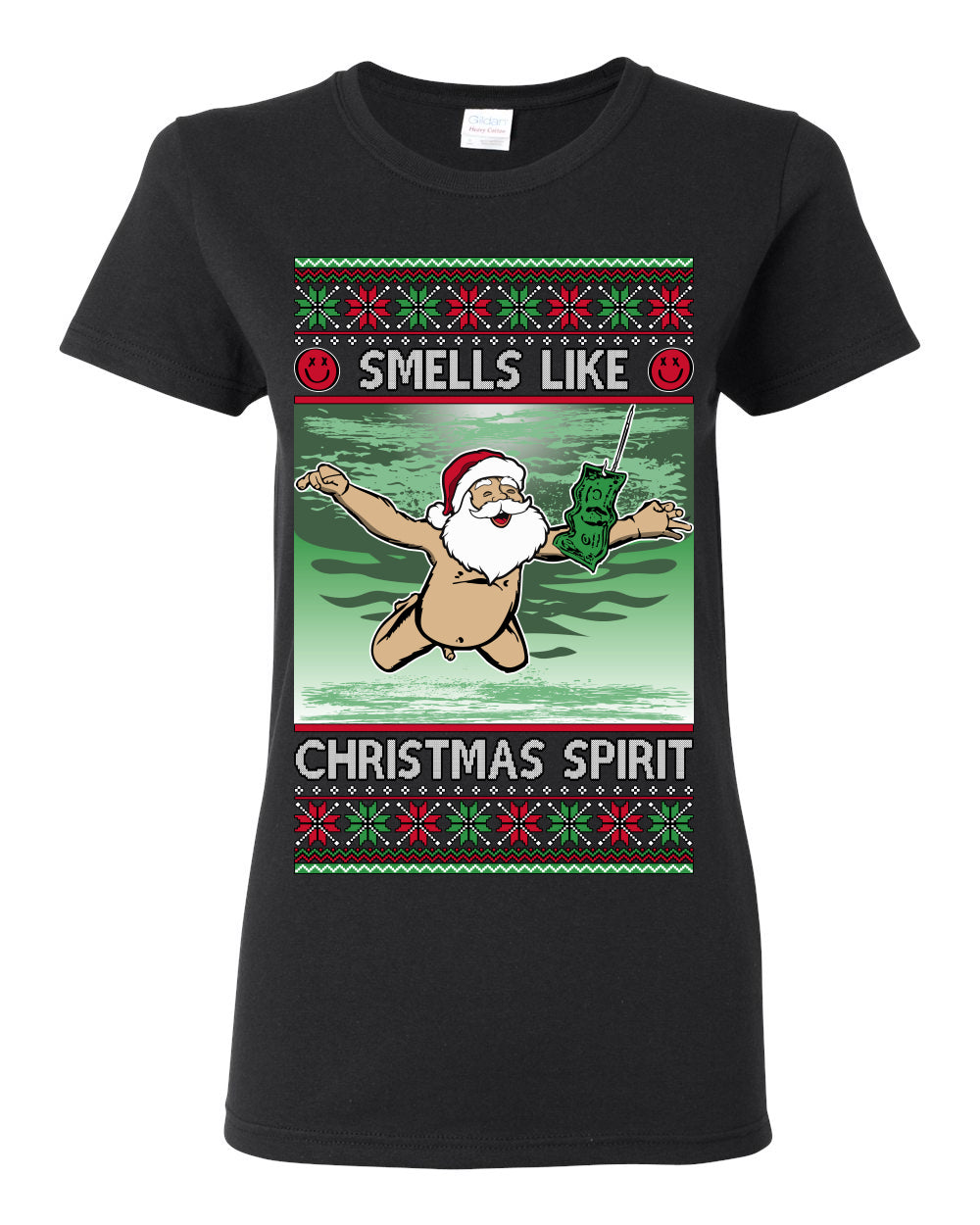 Smells Like Christmas Spirit, Funny Santa Claus Classic 90s Alternative Rock Album Cover Music Parody Ugly Christmas Sweater Ugly Christmas Womens Graphic T-Shirt