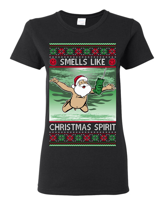 Smells Like Christmas Spirit, Funny Santa Claus Classic 90s Alternative Rock Album Cover Music Parody Ugly Christmas Sweater Ugly Christmas Womens Graphic T-Shirt