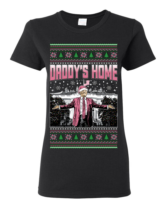 Daddy's Home Pink Suit, I'll Be Home for Christmas | Funny Santa Clause President Donald Trump White House Holiday Xmas Sweaters, MAGA Ugly Christmas Womens Graphic T-Shirt