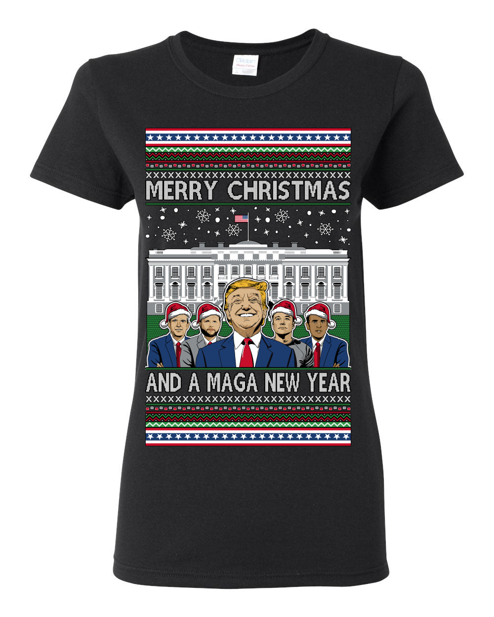 Merry Christmas and a MAGA New Year 2025, Trump Vance Administration 45 47 Make America Great Again USA Ugly Christmas Sweater Ugly Christmas Womens Graphic T-Shirt