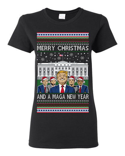 Merry Christmas and a MAGA New Year 2025, Trump Vance Administration 45 47 Make America Great Again USA Ugly Christmas Sweater Ugly Christmas Womens Graphic T-Shirt