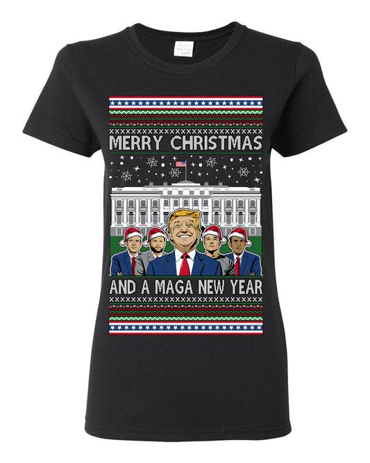 Merry Christmas and a MAGA New Year 2025, Trump Vance Administration 45 47 Make America Great Again USA Ugly Christmas Sweater Ugly Christmas Womens Graphic T-Shirt