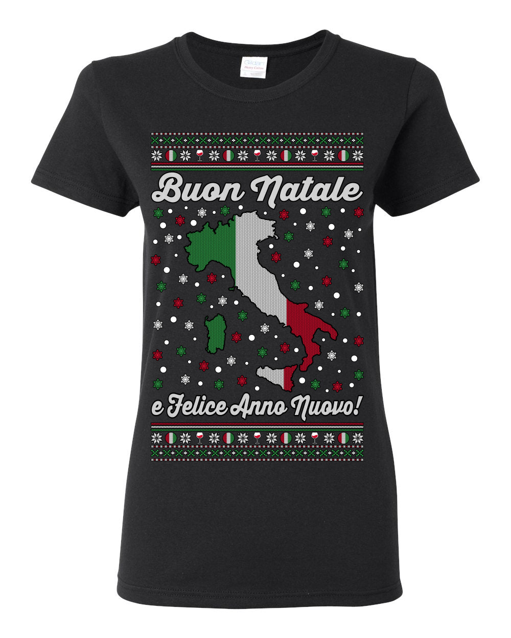 Buon Natale e Felice Anno Nuovo! Merry Christmas and Happy New Year, Funny Classic Italy Peninsula Italian Ugly Christmas Sweater Ugly Christmas Womens Graphic T-Shirt