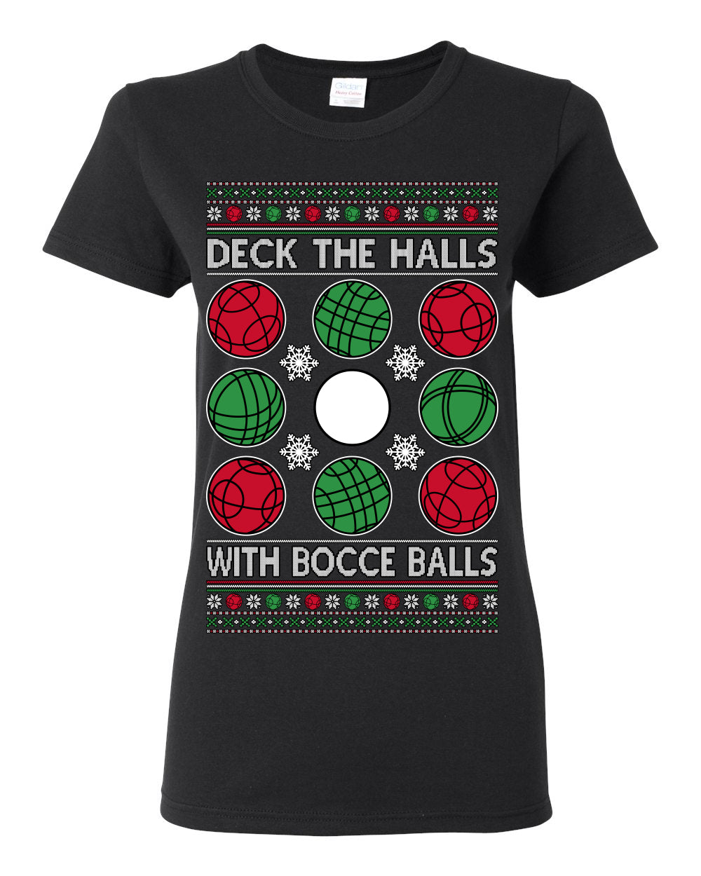Deck the Halls with Bocce Balls, Funny Classic Italy Italian Sports Ugly Christmas Sweater Ugly Christmas Womens Graphic T-Shirt