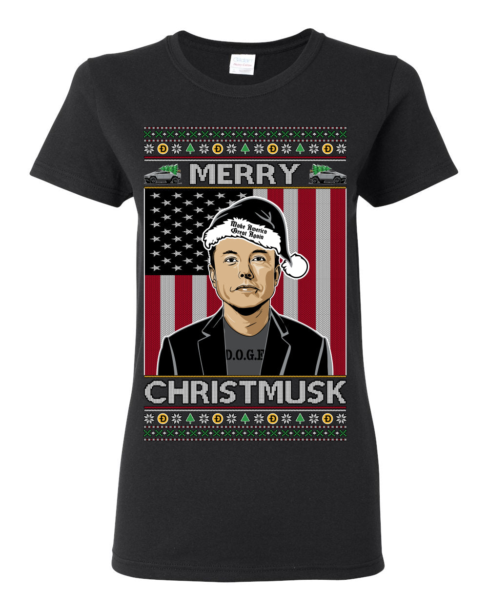 Merry Christmusk Funny Dark MAGA Santa Elon Doge Meme, Crypto Dogecoin America First USA Republican Ugly Christmas Sweater Ugly Christmas Womens Graphic T-Shirt