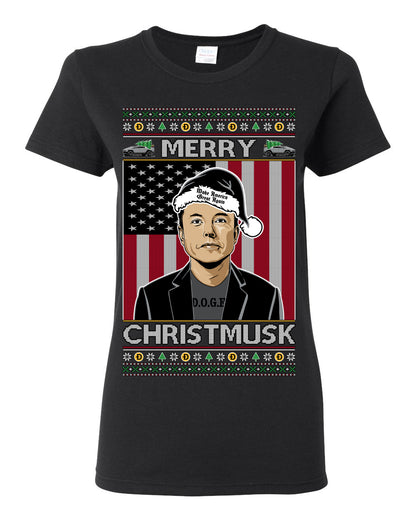 Merry Christmusk Funny Dark MAGA Santa Elon Doge Meme, Crypto Dogecoin America First USA Republican Ugly Christmas Sweater Ugly Christmas Womens Graphic T-Shirt