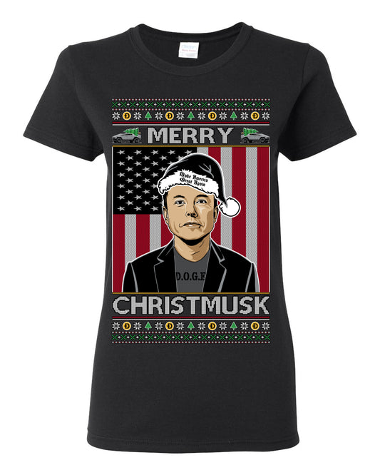 Merry Christmusk Funny Dark MAGA Santa Elon Doge Meme, Crypto Dogecoin America First USA Republican Ugly Christmas Sweater Ugly Christmas Womens Graphic T-Shirt