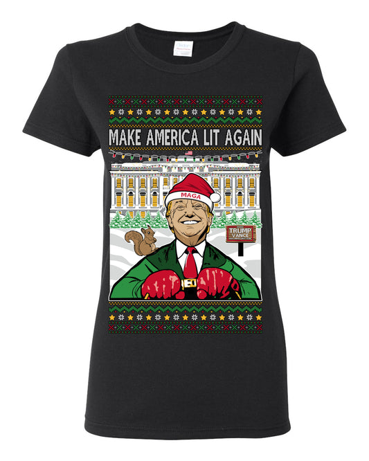 Make America Lit Again Funny Donald Trump JD Vance 2024 White House MAGA, Make America Great Again Sweatshirt Ugly Christmas Sweater Ugly Christmas Womens Graphic T-Shirt