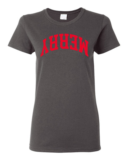 Merry Red Text, Classic College Style Trendy Upside Down Text Ugly Christmas Sweater Ugly Christmas Womens Graphic T-Shirt