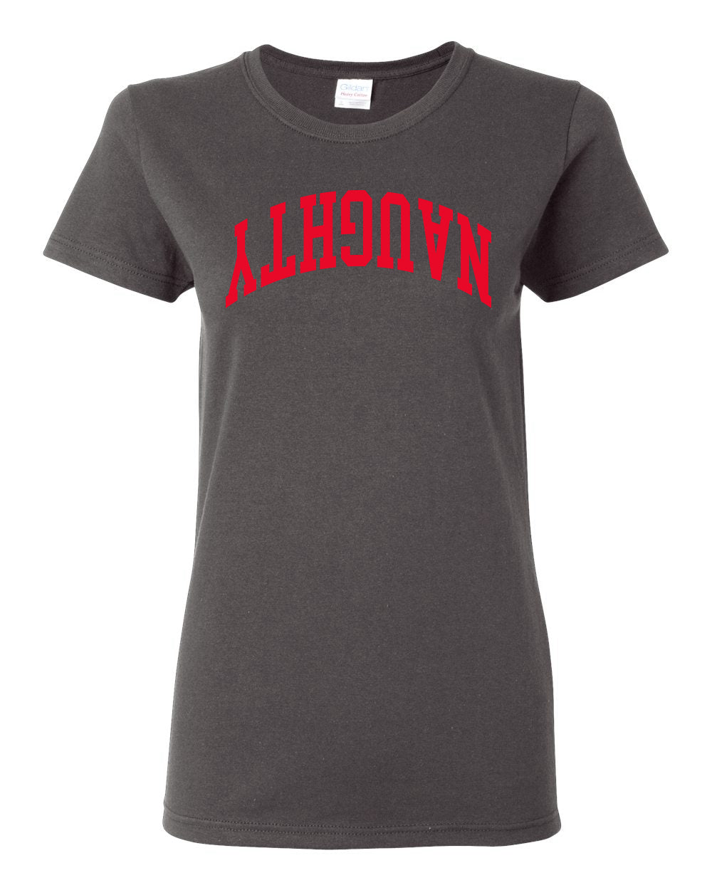 Naughty Red Text, Classic College Style Trendy Upside Down Text Ugly Christmas Sweater Ugly Christmas Womens Graphic T-Shirt