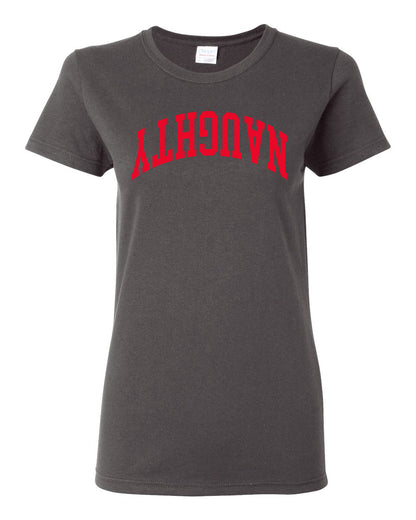 Naughty Red Text, Classic College Style Trendy Upside Down Text Ugly Christmas Sweater Ugly Christmas Womens Graphic T-Shirt