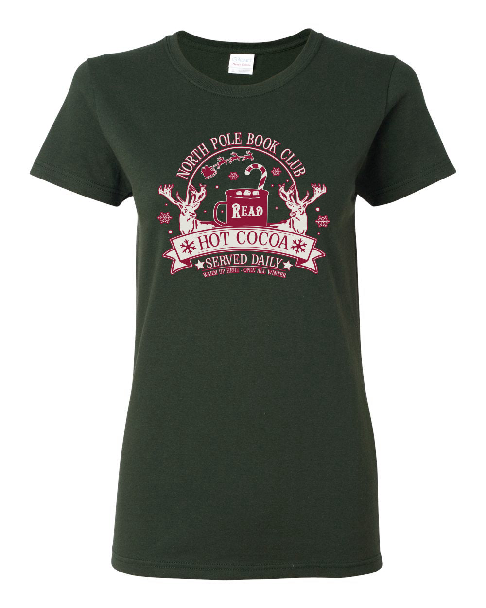 North Pole Book Club | Hot Cocoa Served Daily, Cute Funny Read Books Reading Snow Reindeer Winter Hot Chocolate Ugly Christmas Womens Graphic T-Shirt