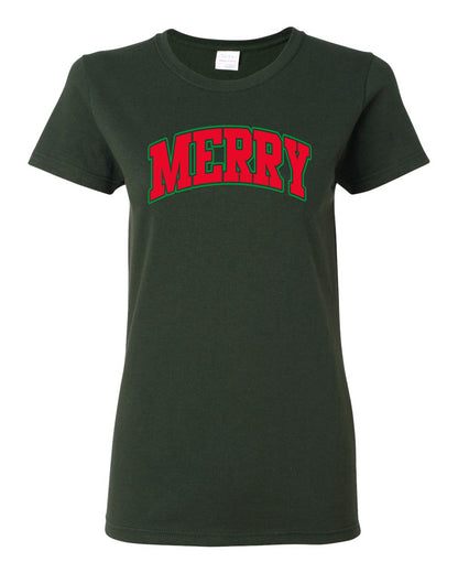 Merry | Cute Winter Holiday College Style Ugly Christmas Womens Graphic T-Shirt