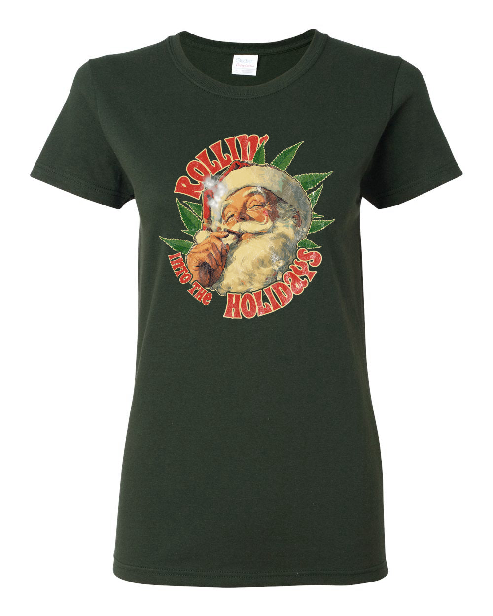 Rollin Into the Holidays | Funny Santa Claus Smoking Weed THC Marijuana Joint Fan  Ugly Christmas Womens Graphic T-Shirt