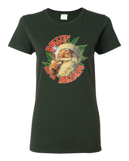 Rollin Into the Holidays | Funny Santa Claus Smoking Weed THC Marijuana Joint Fan  Ugly Christmas Womens Graphic T-Shirt