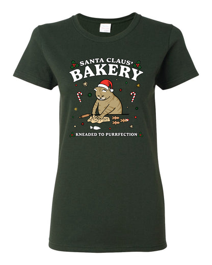 Santa Claus Bakery | Bread Kneaded to Purrfection, Funny Cute Cat Chef Baker Joke Ugly Christmas Womens Graphic T-Shirt