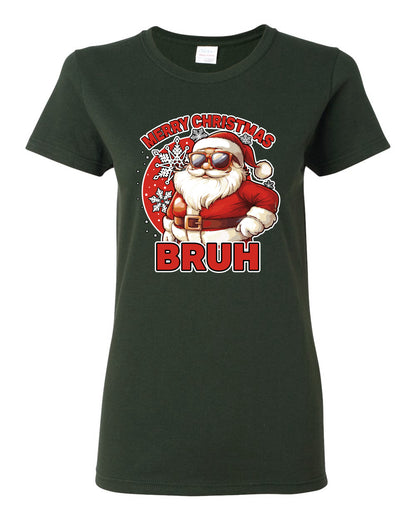 Merry Christmas Bruh | Funny Cool Santa Claus Sunglasses Trendy Hip Viral Meme Ugly Christmas Womens Graphic T-Shirt