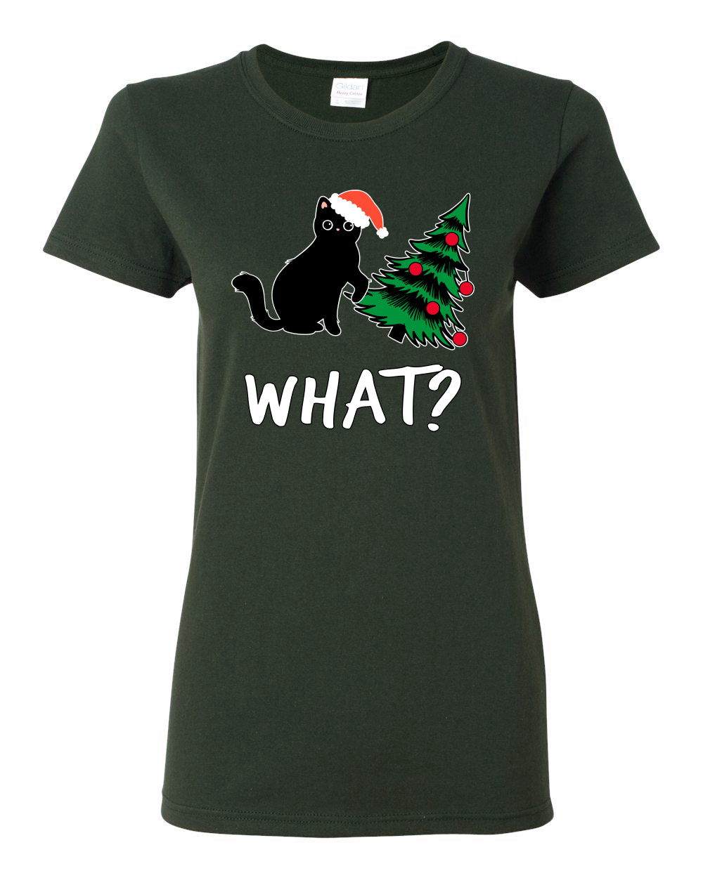 What? Funny Guilty Santa Cat Christmas Tree Mischief Pet Humor Ugly Christmas Womens Graphic T-Shirt