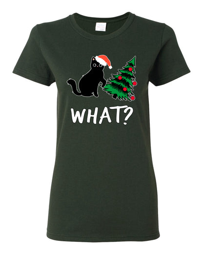 What? Funny Guilty Santa Cat Christmas Tree Mischief Pet Humor Ugly Christmas Womens Graphic T-Shirt