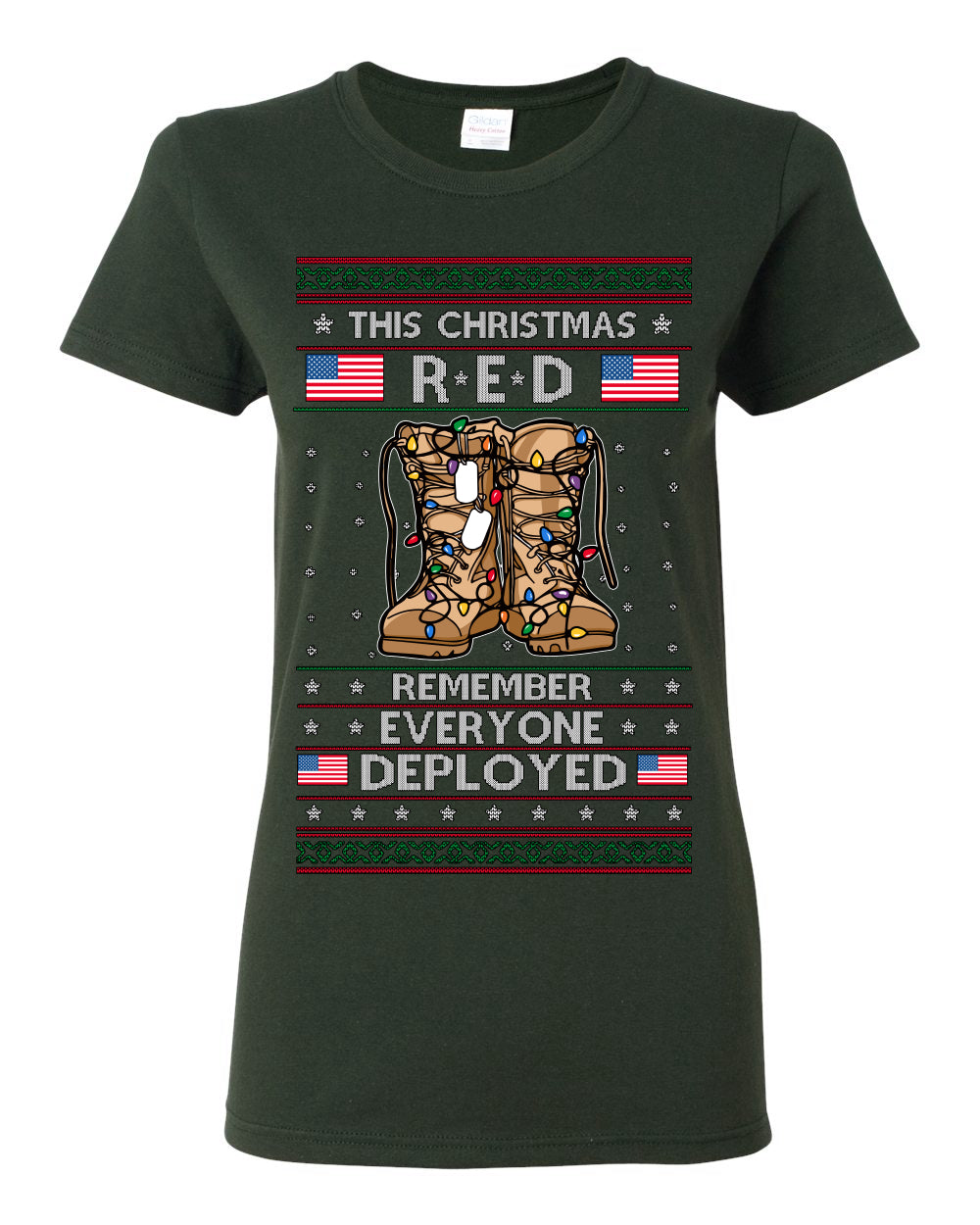 This Christmas RED Remember Everyone Deployed, Pro Military Vet 1st 2nd Amendment Veteran, RED Friday Ugly Christmas Sweater Ugly Christmas Womens Graphic T-Shirt