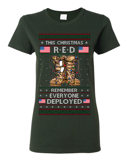 This Christmas RED Remember Everyone Deployed, Pro Military Vet 1st 2nd Amendment Veteran, RED Friday Ugly Christmas Sweater Ugly Christmas Womens Graphic T-Shirt