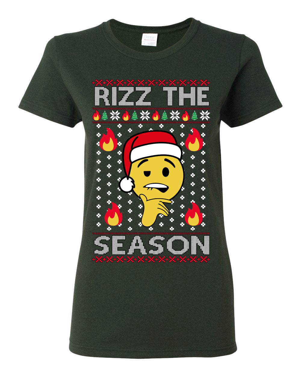 Rizz the Season, Viral Internet Fire Emoji Face Meme Romance Slang, Ugly Christmas Sweater Ugly Christmas Womens Graphic T-Shirt