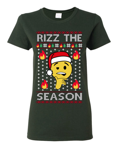 Rizz the Season, Viral Internet Fire Emoji Face Meme Romance Slang, Ugly Christmas Sweater Ugly Christmas Womens Graphic T-Shirt