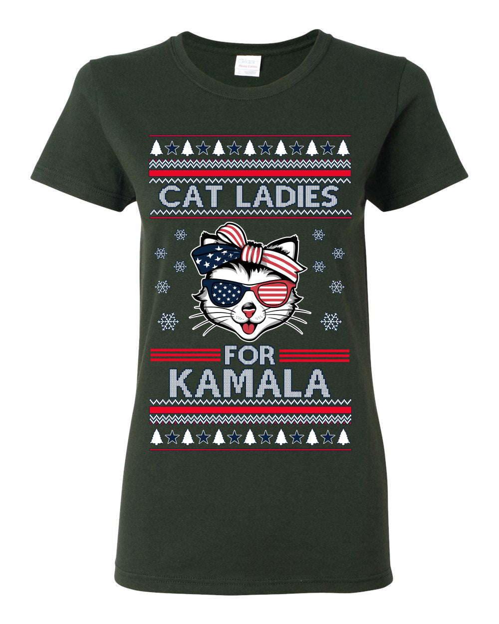 Cat Ladies for Kamala USA Glasses, Harris Tim Walz 2024 Cute USA Glasses Bow, Ugly Christmas Sweater Crewneck Sweatshirt Ugly Christmas Womens Graphic T-Shirt