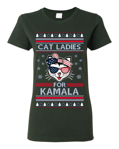 Cat Ladies for Kamala USA Glasses, Harris Tim Walz 2024 Cute USA Glasses Bow, Ugly Christmas Sweater Crewneck Sweatshirt Ugly Christmas Womens Graphic T-Shirt
