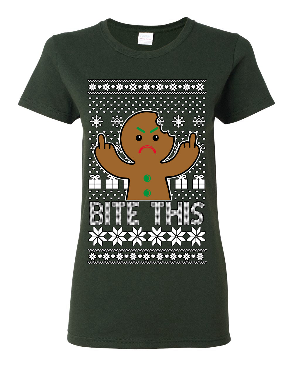 Bite This, Funny Gingerbread Cookie Offensive Inappropriate Middle Finger, F U Ginger Bread Dirty Novelty Xmas Ugly Christmas Sweater Ugly Christmas Womens Graphic T-Shirt