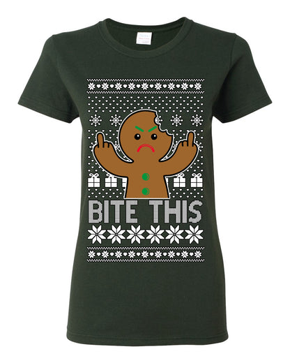Bite This, Funny Gingerbread Cookie Offensive Inappropriate Middle Finger, F U Ginger Bread Dirty Novelty Xmas Ugly Christmas Sweater Ugly Christmas Womens Graphic T-Shirt