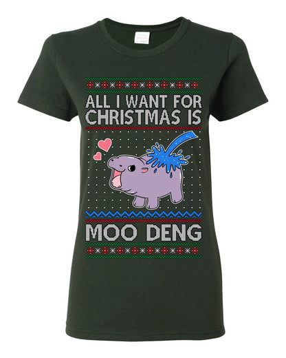 All I Want for Christmas is Moo Deng, Cute Pygmy Hippo Meme Viral Zoo Animal Y2K Era Funny Memes, Ugly Christmas Sweater Ugly Christmas Womens Graphic T-Shirt