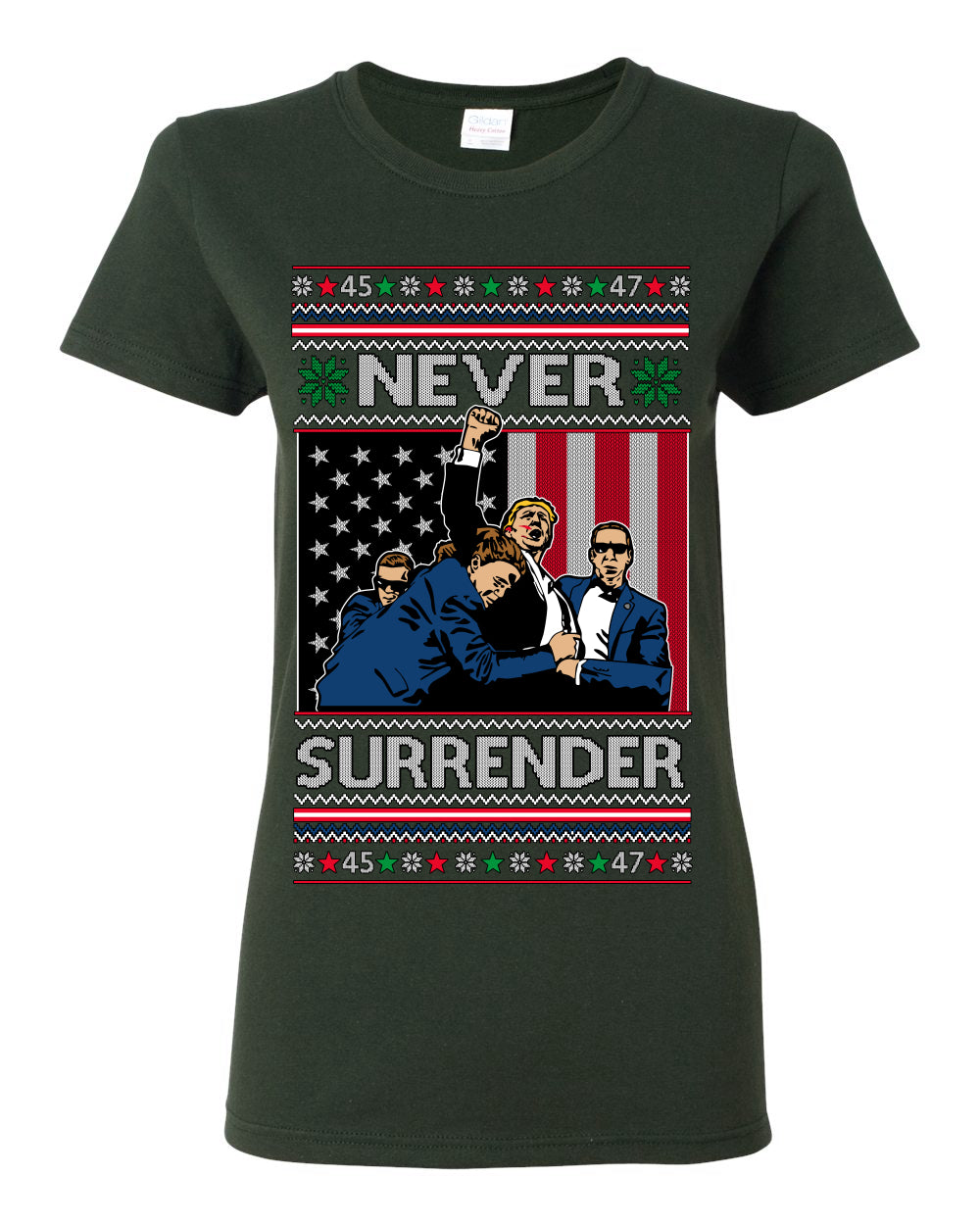 Never Surrender, Pro Donald Trump Fight Fight Fight Fist Pump 2024 Butler PA Rally Shot, Ugly Christmas Sweater Ugly Christmas Womens Graphic T-Shirt