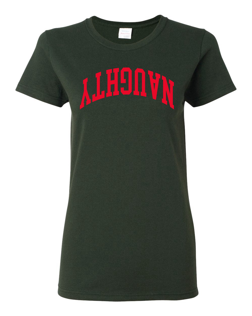 Naughty Red Text, Classic College Style Trendy Upside Down Text Ugly Christmas Sweater Ugly Christmas Womens Graphic T-Shirt