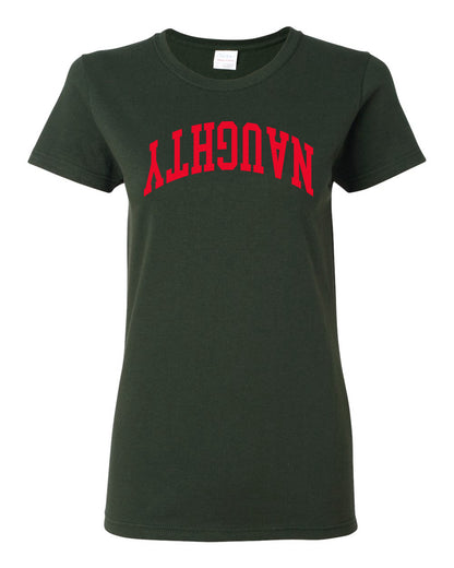 Naughty Red Text, Classic College Style Trendy Upside Down Text Ugly Christmas Sweater Ugly Christmas Womens Graphic T-Shirt