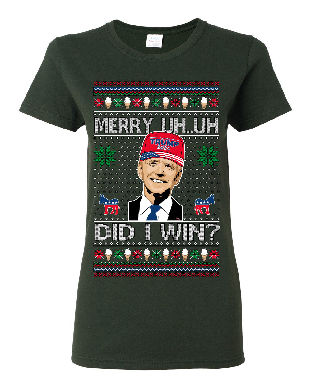 Merry Uh Did I Win? Funny Confused Joe Biden, Liberal Democrats Election 2024 Ugly Christmas Sweater Ugly Christmas Womens Graphic T-Shirt