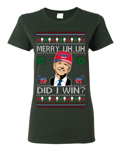 Merry Uh Did I Win? Funny Confused Joe Biden, Liberal Democrats Election 2024 Ugly Christmas Sweater Ugly Christmas Womens Graphic T-Shirt
