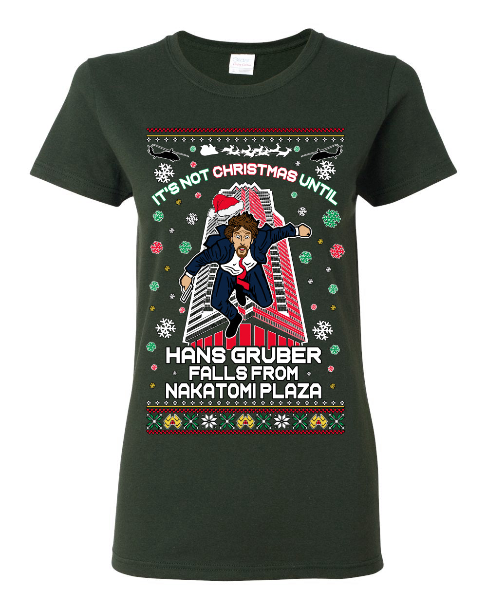 It's Not Christmas Until Hans Gruber Falls From Nakatomi Plaza, Color Design Skyscraper LA Falling Iconic 80s Xmas Movie Ugly Christmas Sweater Ugly Christmas Womens Graphic T-Shirt