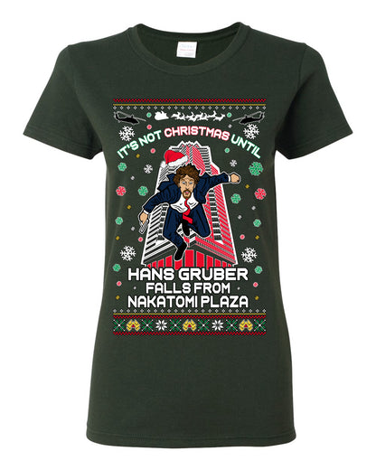 It's Not Christmas Until Hans Gruber Falls From Nakatomi Plaza, Color Design Skyscraper LA Falling Iconic 80s Xmas Movie Ugly Christmas Sweater Ugly Christmas Womens Graphic T-Shirt