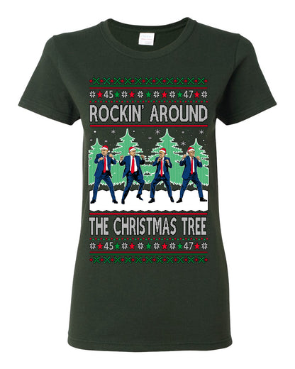 Rocking Around the Christmas Tree Trump Shimmy Dance Ugly Christmas Sweater Ugly Christmas Womens Graphic T-Shirt
